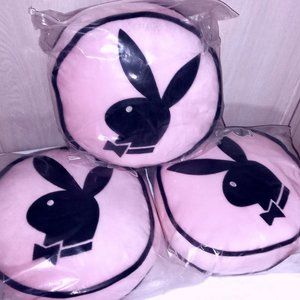 Playboy "BOX of 3" Vintage PINK with Black Rabbit Head Round Pillow NWT